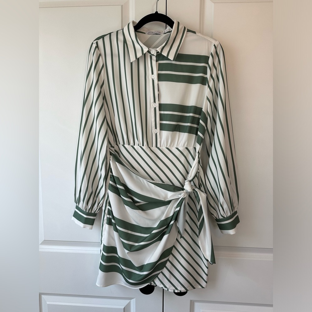 Petal & Pup Green and White Striped Wrap Dress